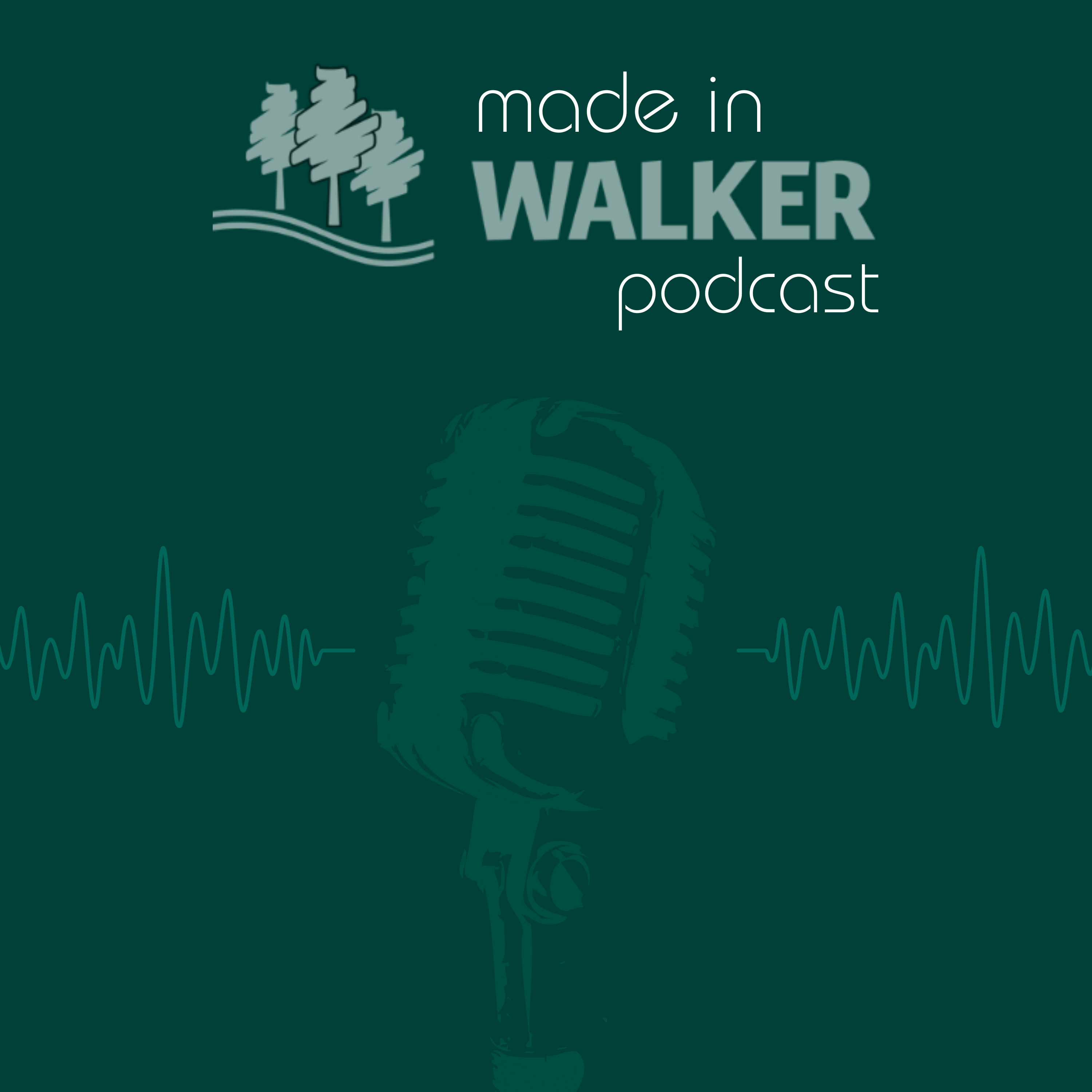 Green background with muted image of podcast microphone, sound waves, and wording